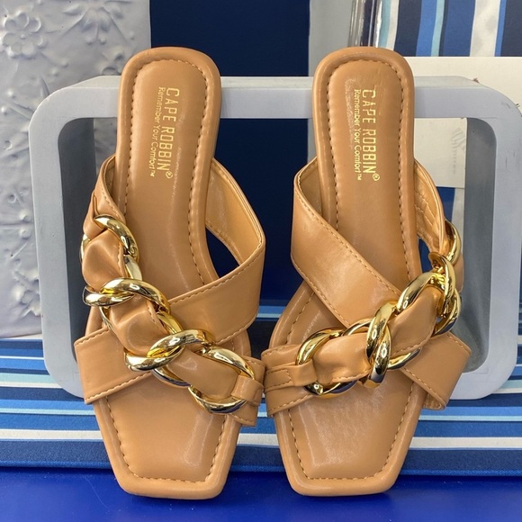 Nude cognac square toe cross cross gold chain hardware flat slide sandals - Picture 1 of 11